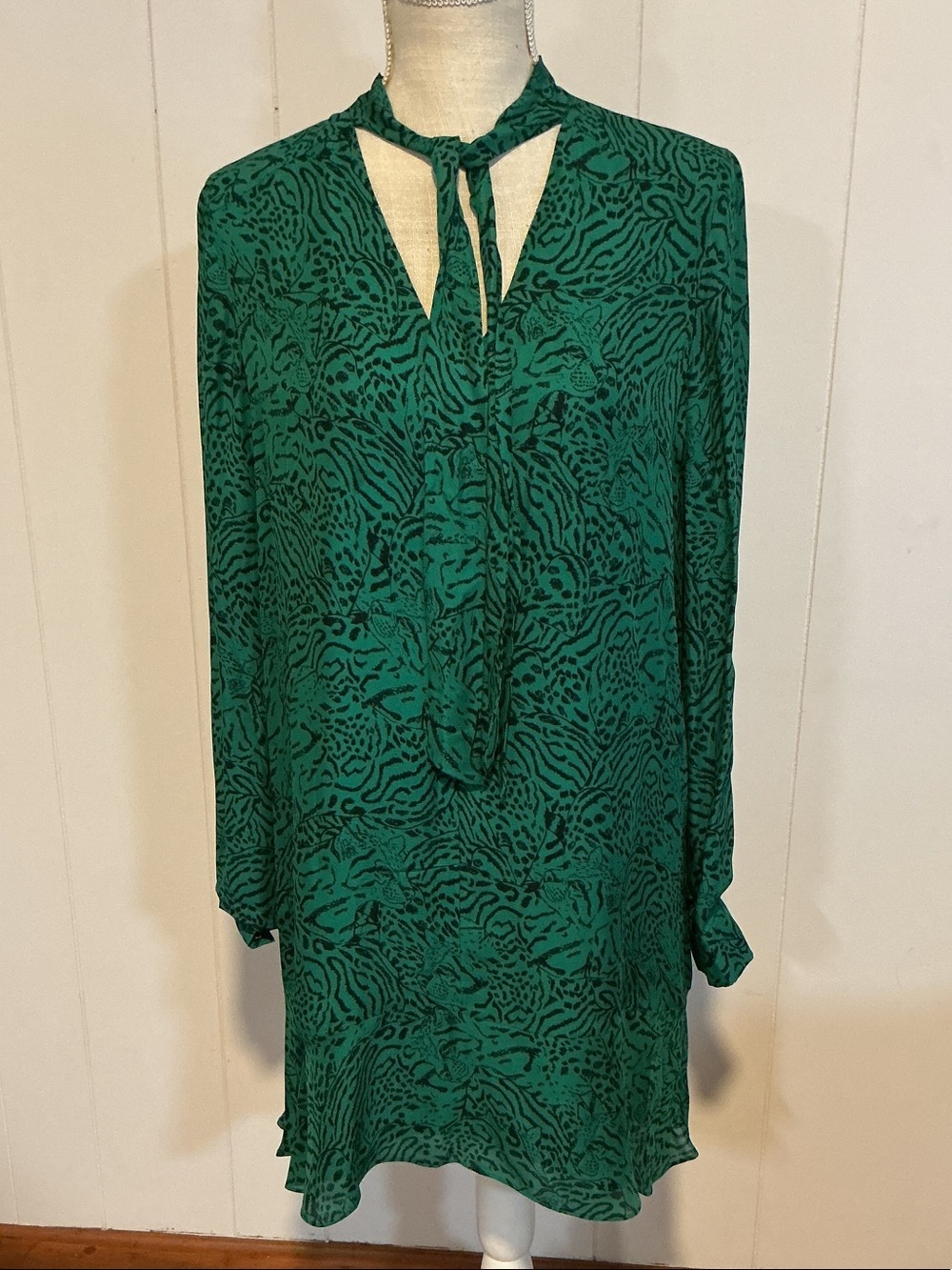 Parker Green Printed Long-Sleeve Tie-Neck Dress